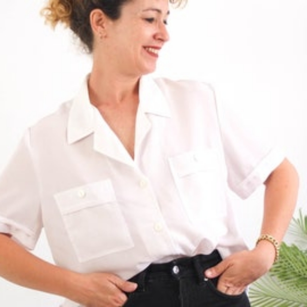 Vtg Chaus Petites Women's White Short Sleeve Shirt Top Sz 14 Off White Classic